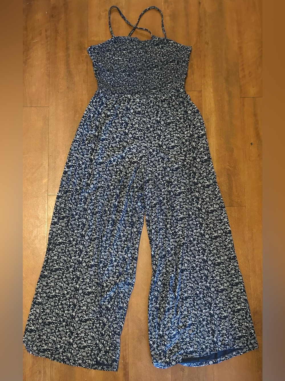 American Eagle Outfitters Navy Floral Smocked Wide-Leg Jumpsuit
